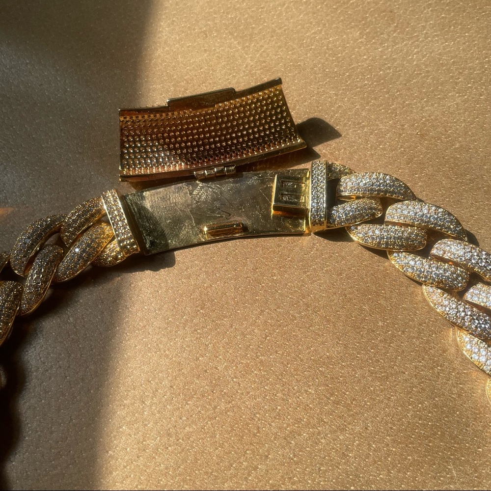 Pave rhinestone Cuban curb chain necklace statement gold white glam - Picture 5 of 7